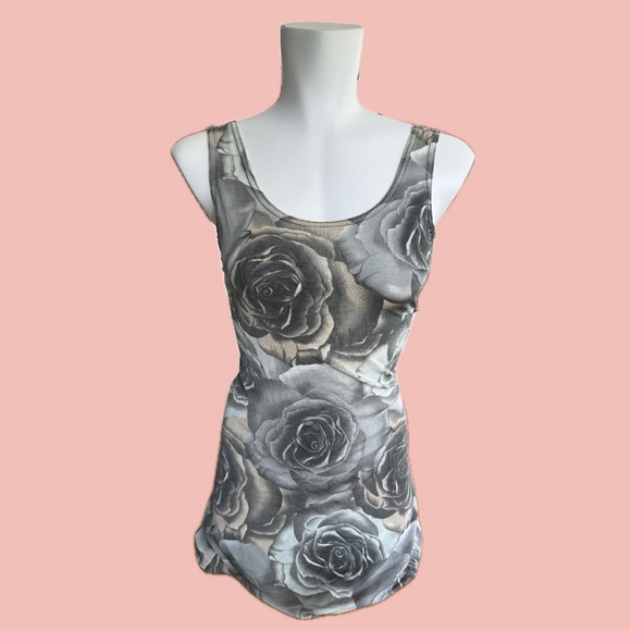 Vintage USA Rose Print Dress – Muted Grey Bodycon Tank Style (M) - Picture 1 of 9
